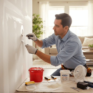 Expert technician showing how to repair small holes in drywall